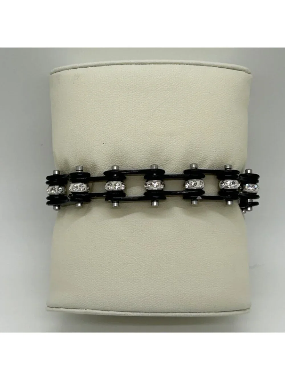 Black Stainless Steel Motorcycle Bike Chain Bracelet With Rhinestone Studs - Picture 3 of 11